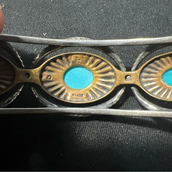 .925 Sterling&brass Carolyn Pollack Fritz Casuse Mixed Metal Turquoise Bracelet - Picture 6 of 8